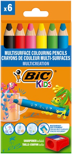 [1429679] Kleurpotloden BicKids Multi Surface + puntenslijper assorti 6 stuks