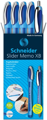[1430343] Balpen Schneider Slider Memo XB  blauw 4st + 1 gratis Slider balpen