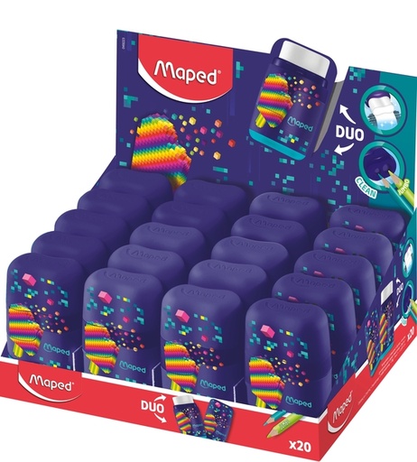 [1430651] Puntenslijper Maped Pixel Party Connect 2-gaats met gum display à 20 stuks