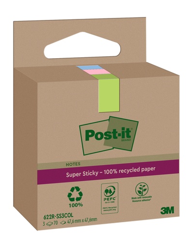 [1430792] Memoblok 3M Post-it 622 RSS3COL 47.6x47.6mm assorti kleur 3 stuks