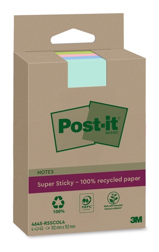 [1430802] Bloc-mémos 3M Post-it 4645-RSSCOL4 Super Sticky 102x152mm assorti 4 pièces