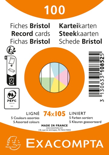 [1430756] Fiche Flascard Exacompta 74x105mm ligné 5 couleurs 100 pièces