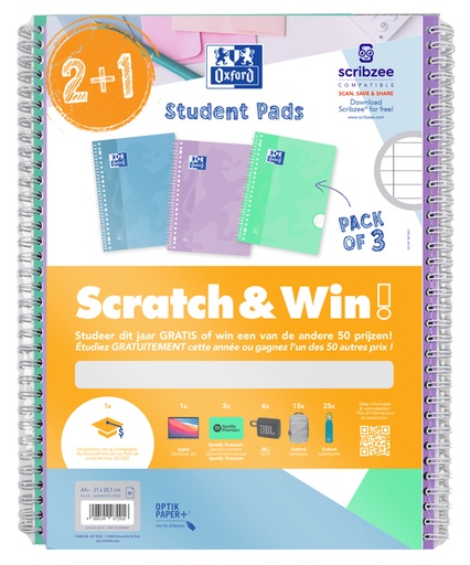 [1430431] Collegeblok Oxford School A4+ lijn 23-gaats 160 pagina's 80gr pastel scratch&win assorti voordeelpak