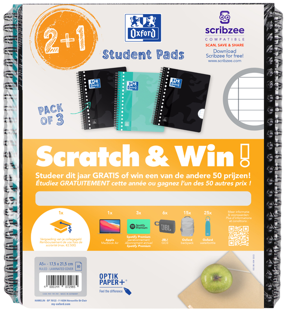 Collegeblok Oxford School A5+ lijn 17-gaats 160 pagina''s 80gr scratch&win assorti 3 stuks