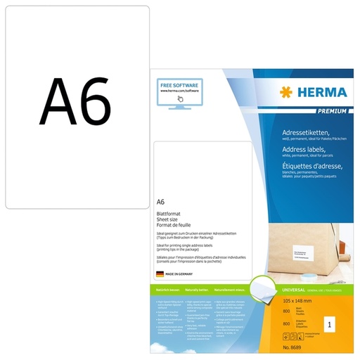 [1431146] Etiket HERMA 8689 105x148mm premium wit 800 stuks