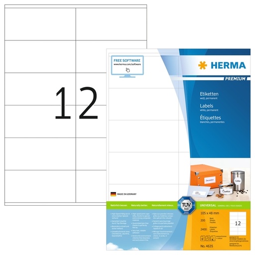[1431149] Etiket HERMA 4635 105x48mm premium wit 2400 stuks