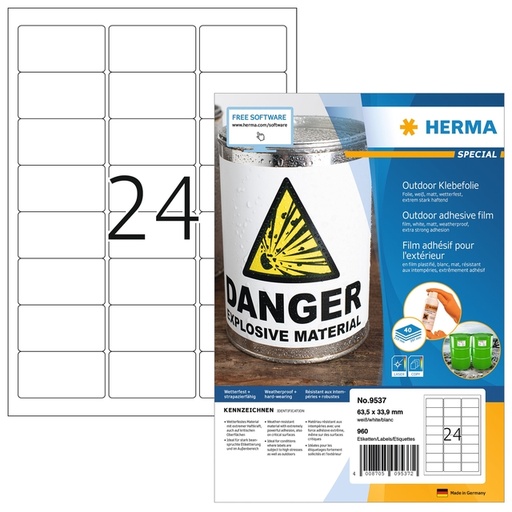 [1431151] Etiket HERMA 9537 63.5x33.9mm weerbestendig wit 960 stuks
