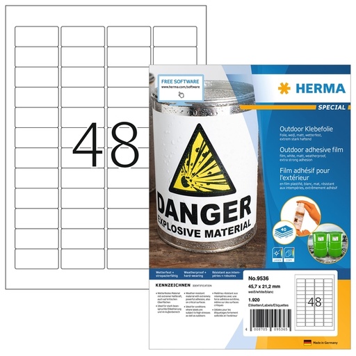 [1431152] Etiket HERMA 9536 45.7x21.2mm weerbestendig wit 1920 stuks