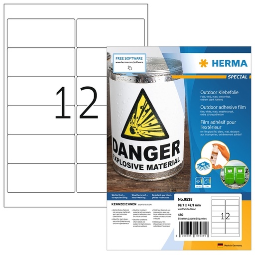 [1431154] Etiquette HERMA 9538 99,1x42,3 résistante aux intempéries blanc 480 étiquettes