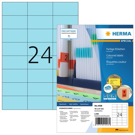 [1431155] Etiket HERMA 4408 70x37mm blauw 2400 stuks