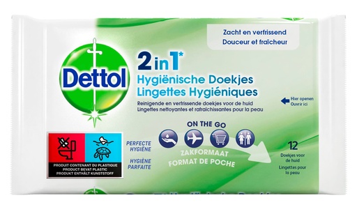 [1430879] Hygiënische verfrissingsdoekjes Dettol Wipes 2-in-1 12st