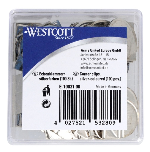 [1431231] Attache-coins Westcott aluminium argenté boîte 100 pièces