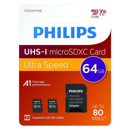 [1430783] Carte mémoire Philips Micro SDXC Classe 10 UHS-I U1 64Go 2 pièces