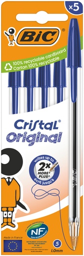 [1430310] Stylo bille BIC Cristal Medium bleu blister 5 pièces