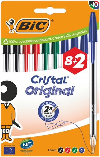 [1430311] Balpen Bic Cristal medium assorti blister à 8+2 gratis