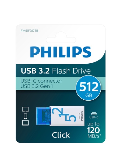 [1434100] Clé USB Philips Click USB-C 512Go Ocean Blue