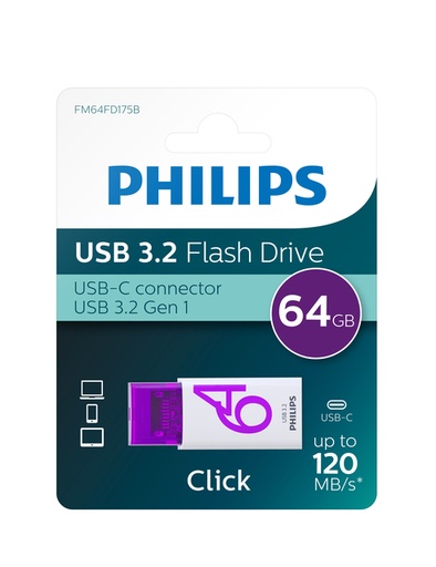 [1434101] Clé USB 3.2 Philips Click USB-C 64Go violet
