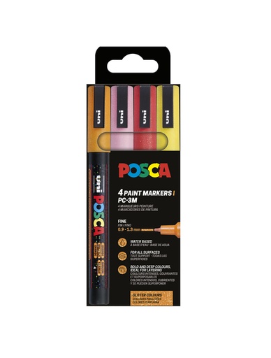 [1433816] Paintmarker Uni POSCA PC3M fijn glitter warm assorti set à 4 stuks