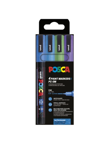 [1433854] Paintmarker Uni POSCA PC3M fijn glitter koel assorti set à 4 stuks