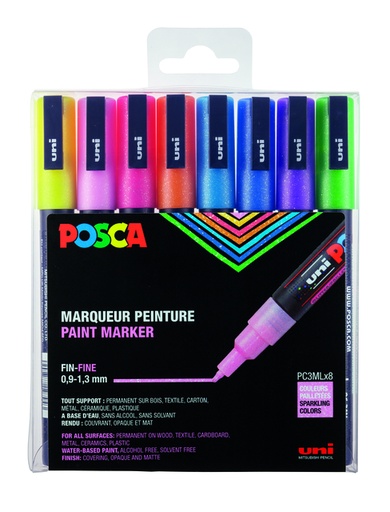 [1433882] Verfstift Posca PC3M fijn glitter pastel assorti set a 8 stuks