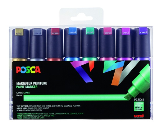 [1433763] Verfstift Posca PC8K breed schuin metallic assorti set à 8 stuks