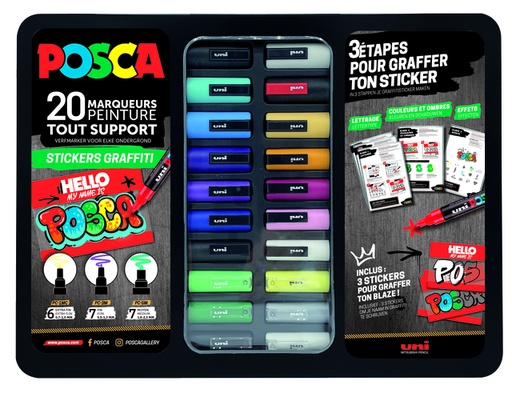 [1433765] Verfstift Posca Sticker Graffiti assorti metalen koffer à 20 stuks