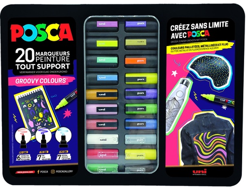 [1433782] Paintmarker Uni POSCA Groovy Colours assorti metalen koffer à 20 stuks