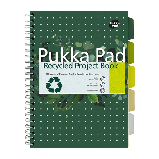 [1434359] Carnet de projets Pukka Pad Recycled A4 ligné 5 intercalaires 4 perf 200 pages 80g vert