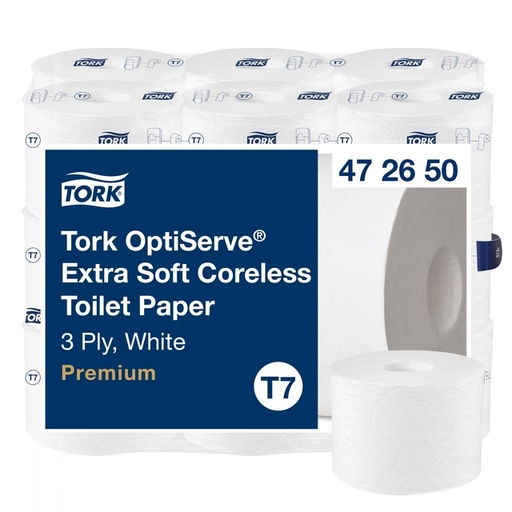 [1435065] Papier toilette Tork 7 Premium OptiServe 472650 sans mandrin 3 épaisseurs 63m blanc