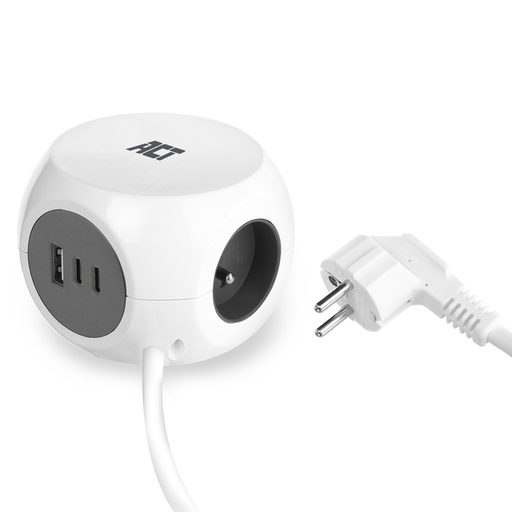 [1433383] Cube multiprise ACT 3 prises inclus 2x USB C/A 1,5m blanc/gris FR/BE