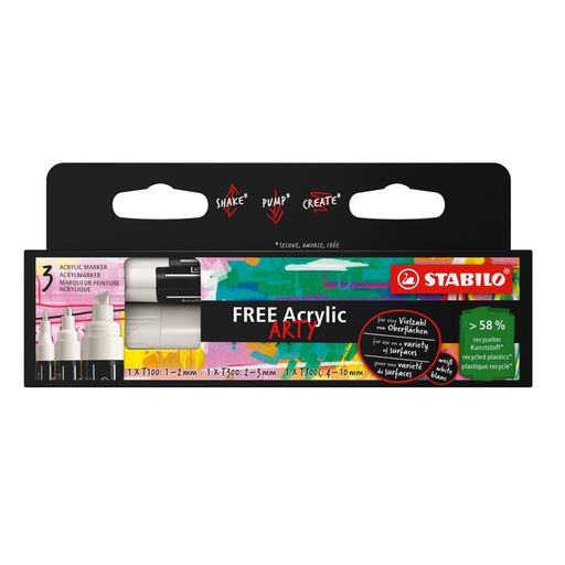 [1435405] Marqueur peinture STABILO Free Acrylic Mixed Tip set 3 largeurs blanc