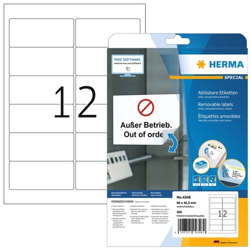[1436328] Etiket HERMA 4348 96x42.3mm wit 300 stuks