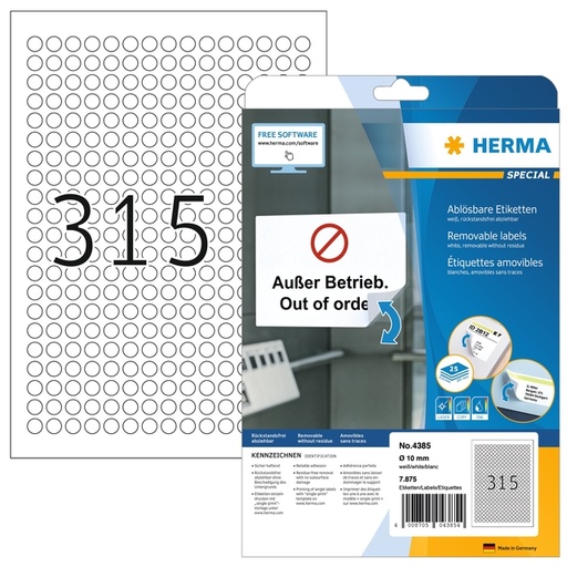 [1436331] Etiket HERMA 4385 rond 10mm wit 7875 etiketten