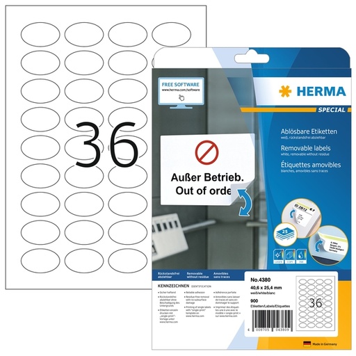 [1436332] Etiket HERMA 4380 ovaal 40.6x25.4mm wit 900 etiketten
