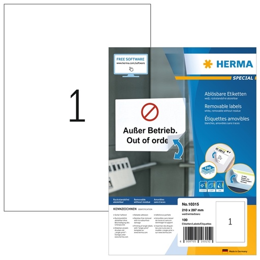 [1436336] Etiquette amovible HERMA 10315 210x297mm blanc 100 étiquettes