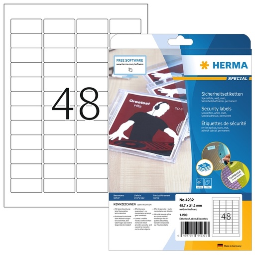 [1436343] Etiquette de sécurité HERMA 4232 45,7x32,2mm blanc 1200 étiquettes