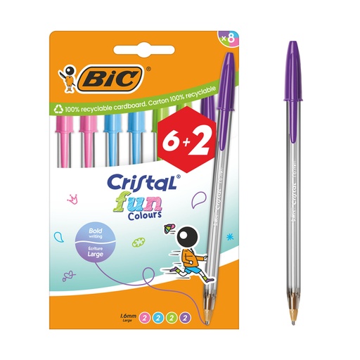 [1437431] Stylo bille BIC Cristal Fun Large assorti 6 + 2 gratuits