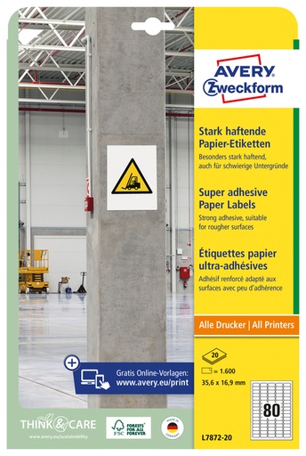 [1437469] Etiquette Avery L7872-20 35,6x16,9mm 1600 étiquettes