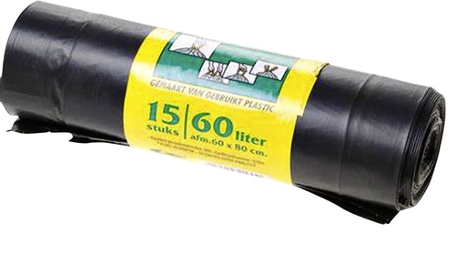 [892008] Sac poubelle Komo 60L à lien coulissant rouleau 15 pièces noir