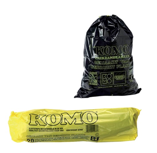 [892008] Sac poubelle Komo 60L à lien coulissant rouleau 15 pièces noir