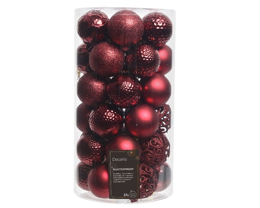 [1436894] Kerstballen Decoris assorti ossenbloed-rood koker à 37 stuks