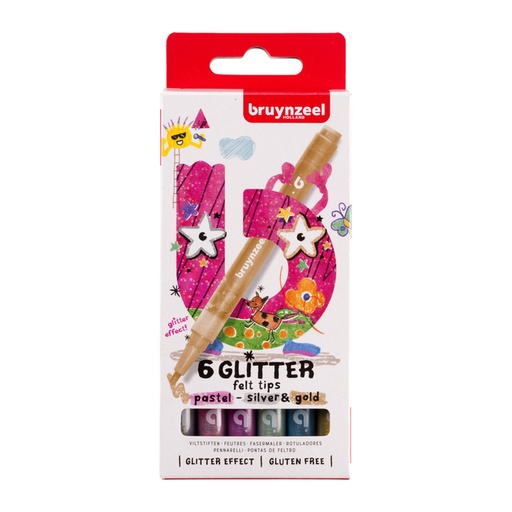 [1438923] Viltstift Bruynzeel Kids assorti pastel glitter en zilver goud 6 stuks