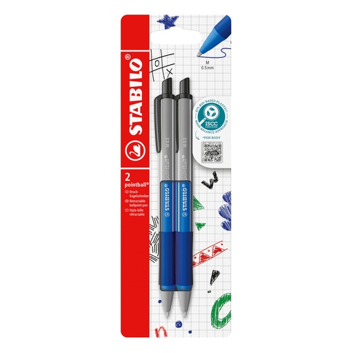 [1439194] Stylo bille STABILO pointball Colorful Medium bleu blister 2 pièces