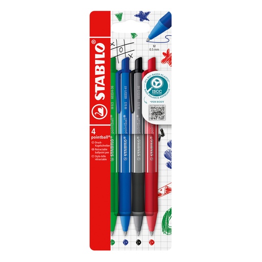 [1439202] Stylo bille STABILO pointball Colorful Medium assorti blister 4 pièces