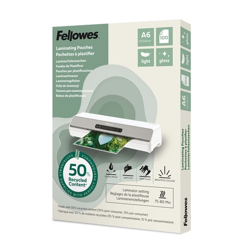 [1466157] Lamineerhoes Fellowes A6 light 50% gerecycled glans 100stuks