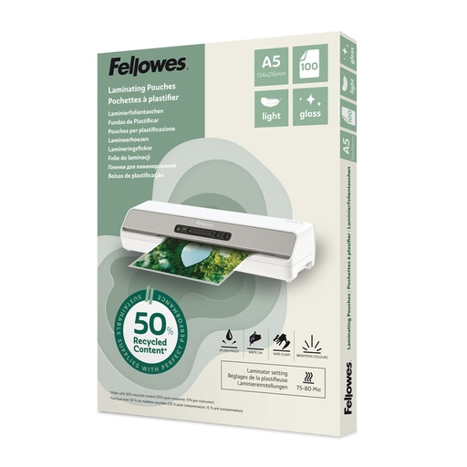[1466158] Lamineerhoes Fellowes A5 light 50% gerecycled glans 100stuks