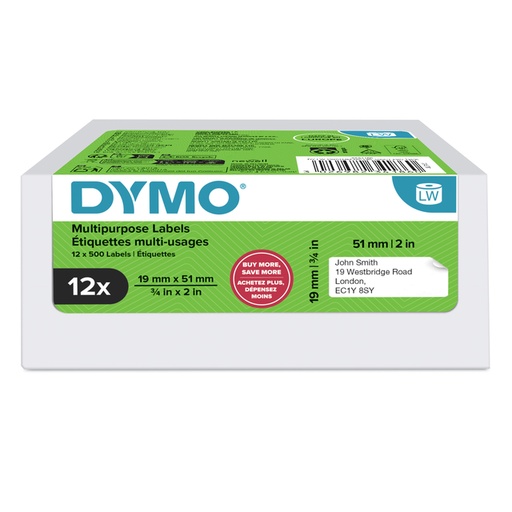 [1436684] Etiket Dymo LabelWriter multifunctioneel 19x51mm 12 rollen á 500 stuks wit