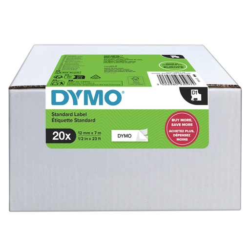 [1436686] Ruban étiquettes Dymo LabelManager D1 polyester 12mmx7m blanc sur noir 20 pièces