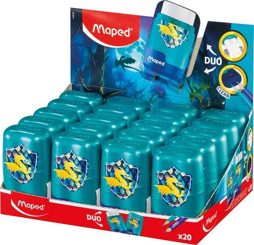 [1466469] Taille-crayon Maped Connect Dragon 2 trous avec gomme présentoir 20 pièces bleu