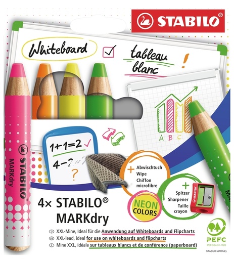 [1466370] Crayon tableau blanc STABILO MARKdry étui 4 couleurs néon